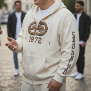 Ecko Unltd Men's Hoody 4XB Embroidered Thick Heavyweighted Zip Jacket in Cream